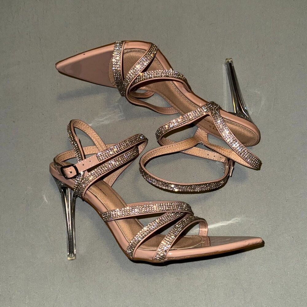 Olivia‎ Jaymes Women's 9 Ankle Strap Shoes Peach Rhinestone Buckle Stiletto Heel